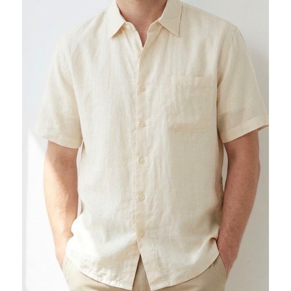 Visitor Men's Linen light yellow Short Sleeve Button Down Shirt size XL